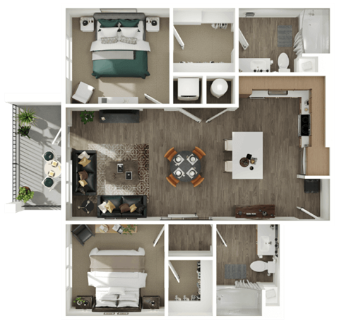 Floor plan for 2 beds, 2 baths, 985 sqft